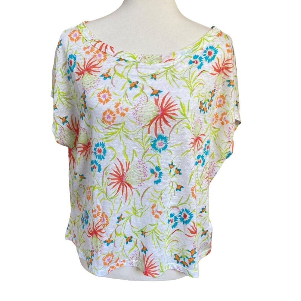 Joie Womens Top Size Large Linen Short Sleeve Tee Shirt Floral Lightweight New - Picture 2 of 12